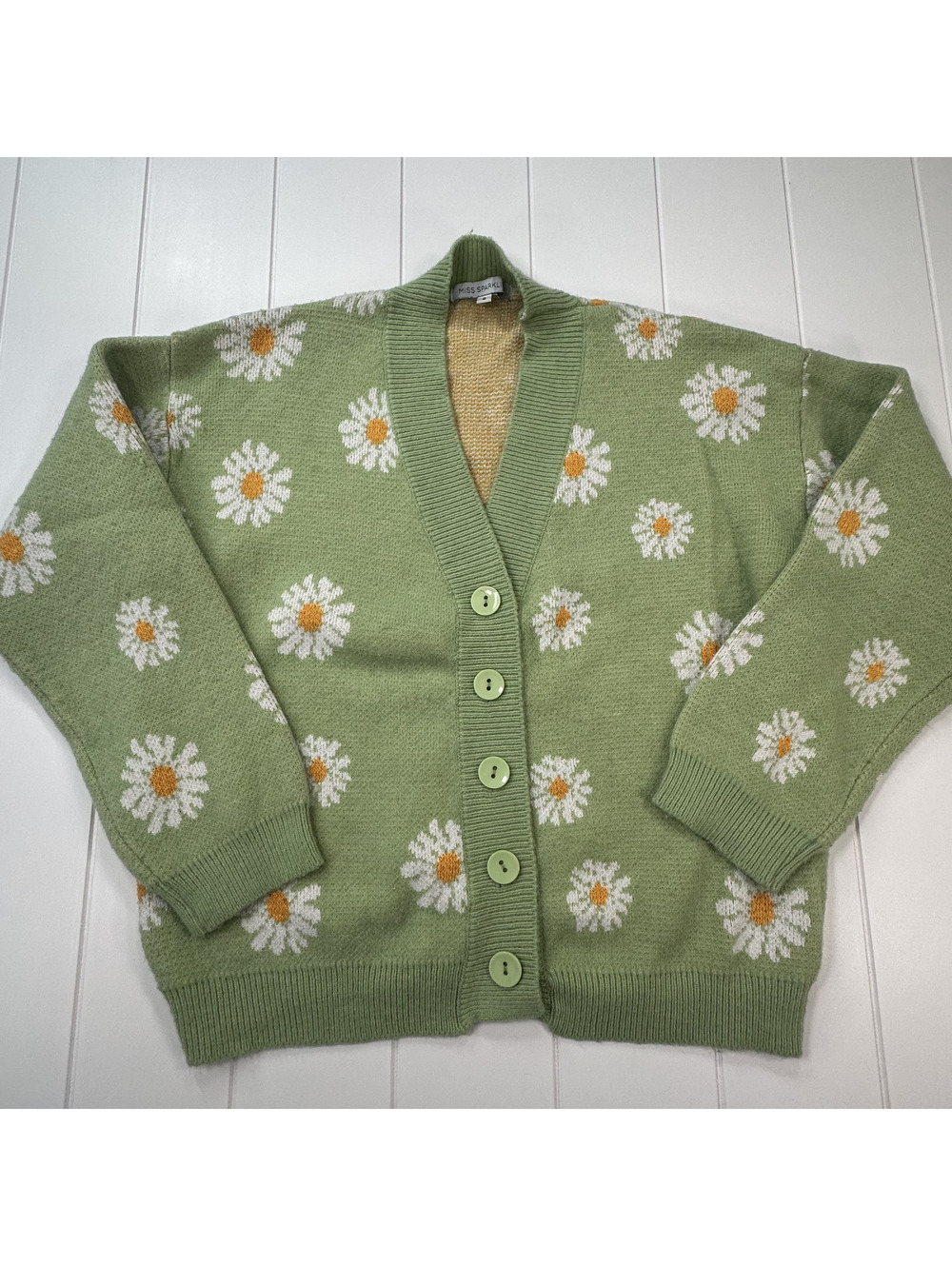 Miss Sparkling Green Daisy Button-Up Cardigan Sweater Size S